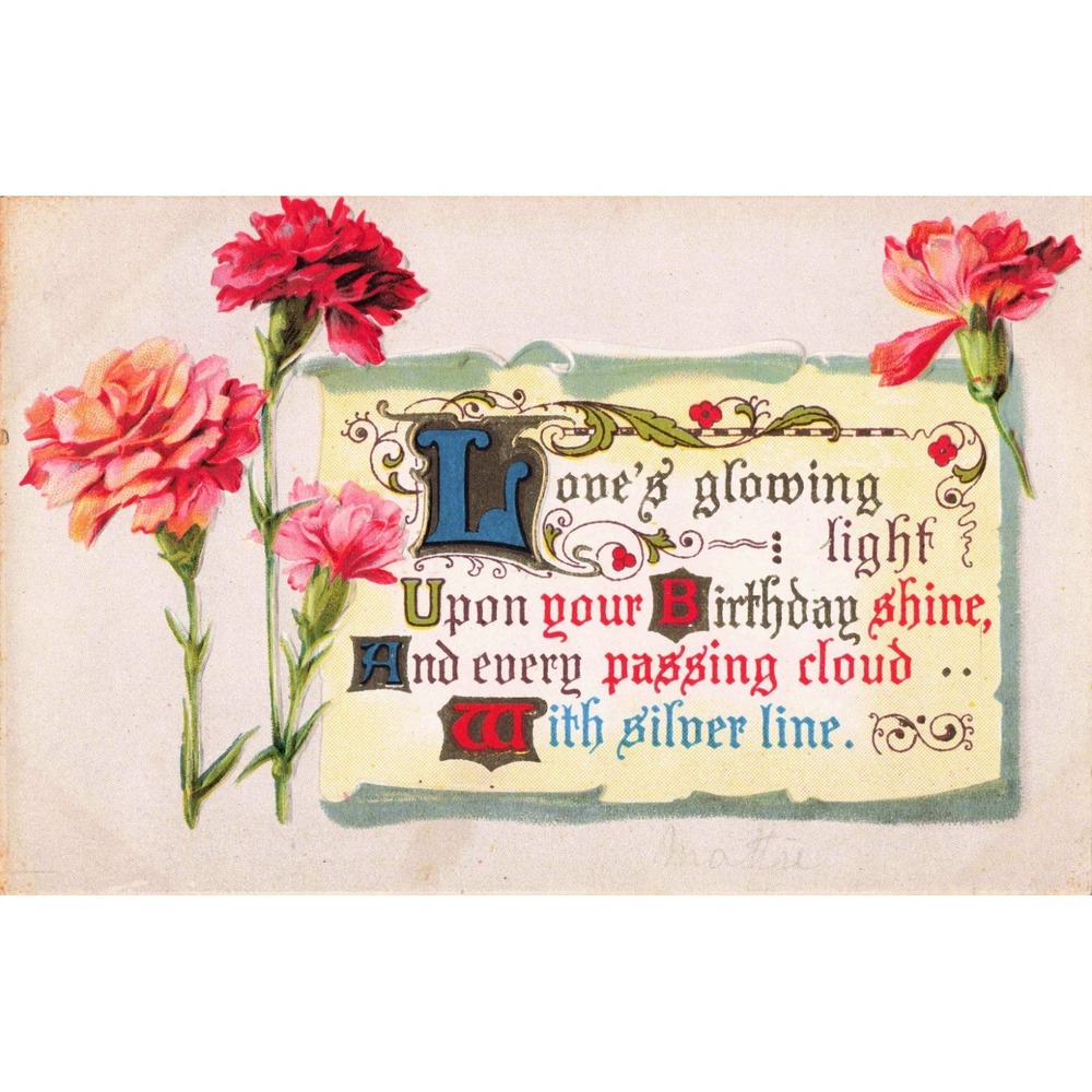 Vintage NAS Co Series 101 C Embossed Birthday Postcard Pink Red Carnations VG - Picture 1 of 2